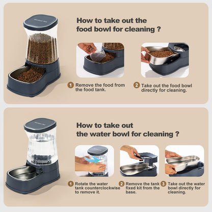 Automatic Dog Water Dispenser Gravity Stainless Steel Waterer & Food Feeder Set, 100% BPA Free Large Capacity Feeding Bowls for Medium & Large-Sized Dogs Cats Other Pets -(1 Gallon x2)