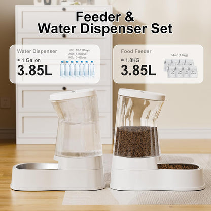 Automatic Dog Water Dispenser Gravity Stainless Steel Waterer & Food Feeder Set, 100% BPA Free Large Capacity Feeding Bowls for Medium & Large-Sized Dogs Cats Other Pets -(1 Gallon x2)