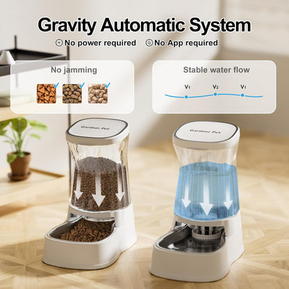 Automatic Dog Water Dispenser Gravity Stainless Steel Waterer & Food Feeder Set, 100% BPA Free Large Capacity Feeding Bowls for Medium & Large-Sized Dogs Cats Other Pets -(1 Gallon x2)
