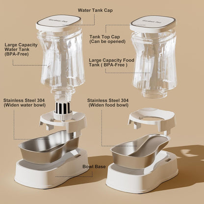 Automatic Dog Water Dispenser Gravity Stainless Steel Waterer & Food Feeder Set, 100% BPA Free Large Capacity Feeding Bowls for Medium & Large-Sized Dogs Cats Other Pets -(1 Gallon x2)