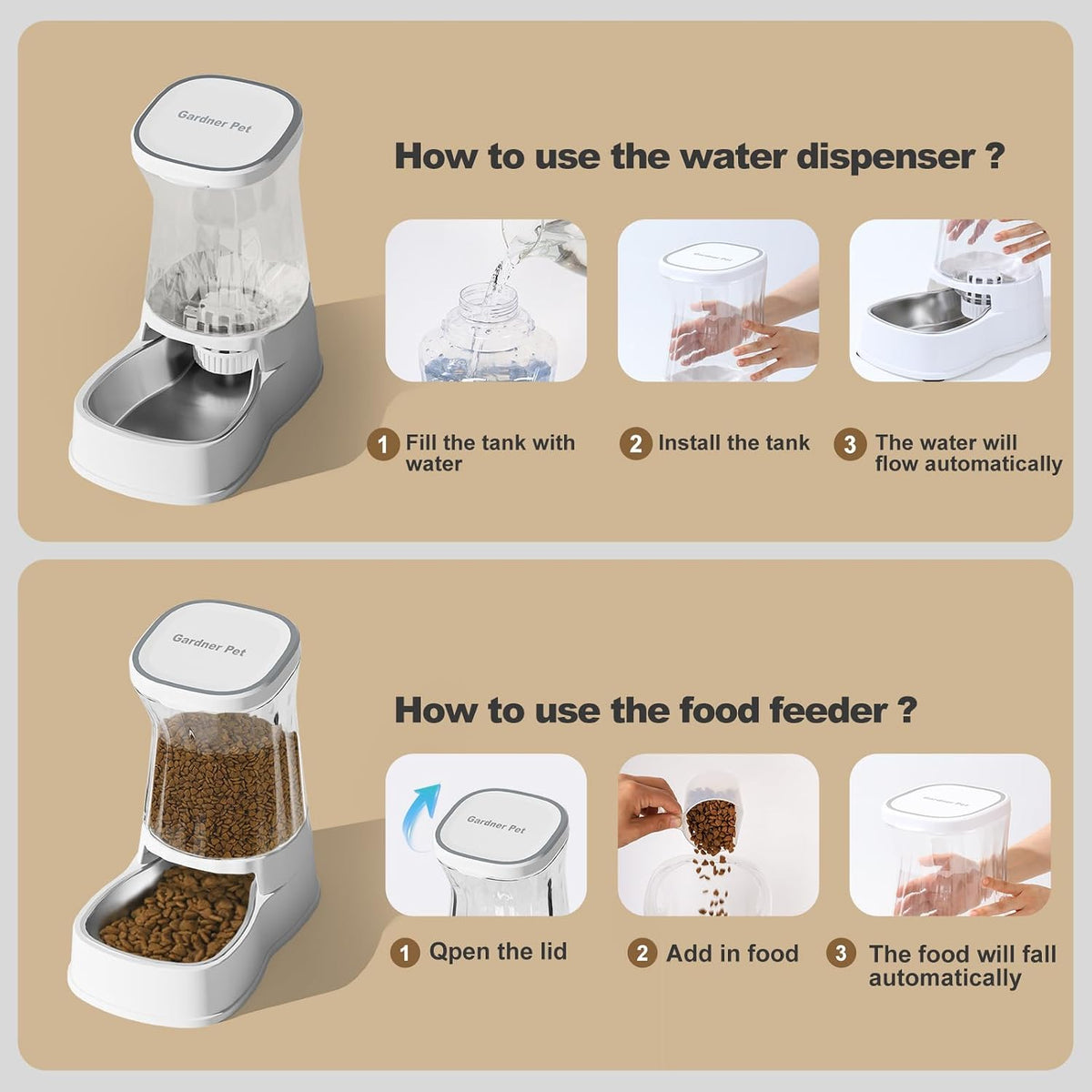 Automatic Dog Water Dispenser Gravity Stainless Steel Waterer & Food Feeder Set, 100% BPA Free Large Capacity Feeding Bowls for Medium & Large-Sized Dogs Cats Other Pets -(1 Gallon x2)