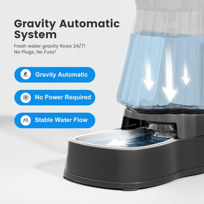 Automatic Dog Water Dispenser Gravity Stainless Steel Waterer & Food Feeder Set, 100% BPA Free Large Capacity Feeding Bowls for Medium & Large-Sized Dogs Cats Other Pets -(1 Gallon x2)