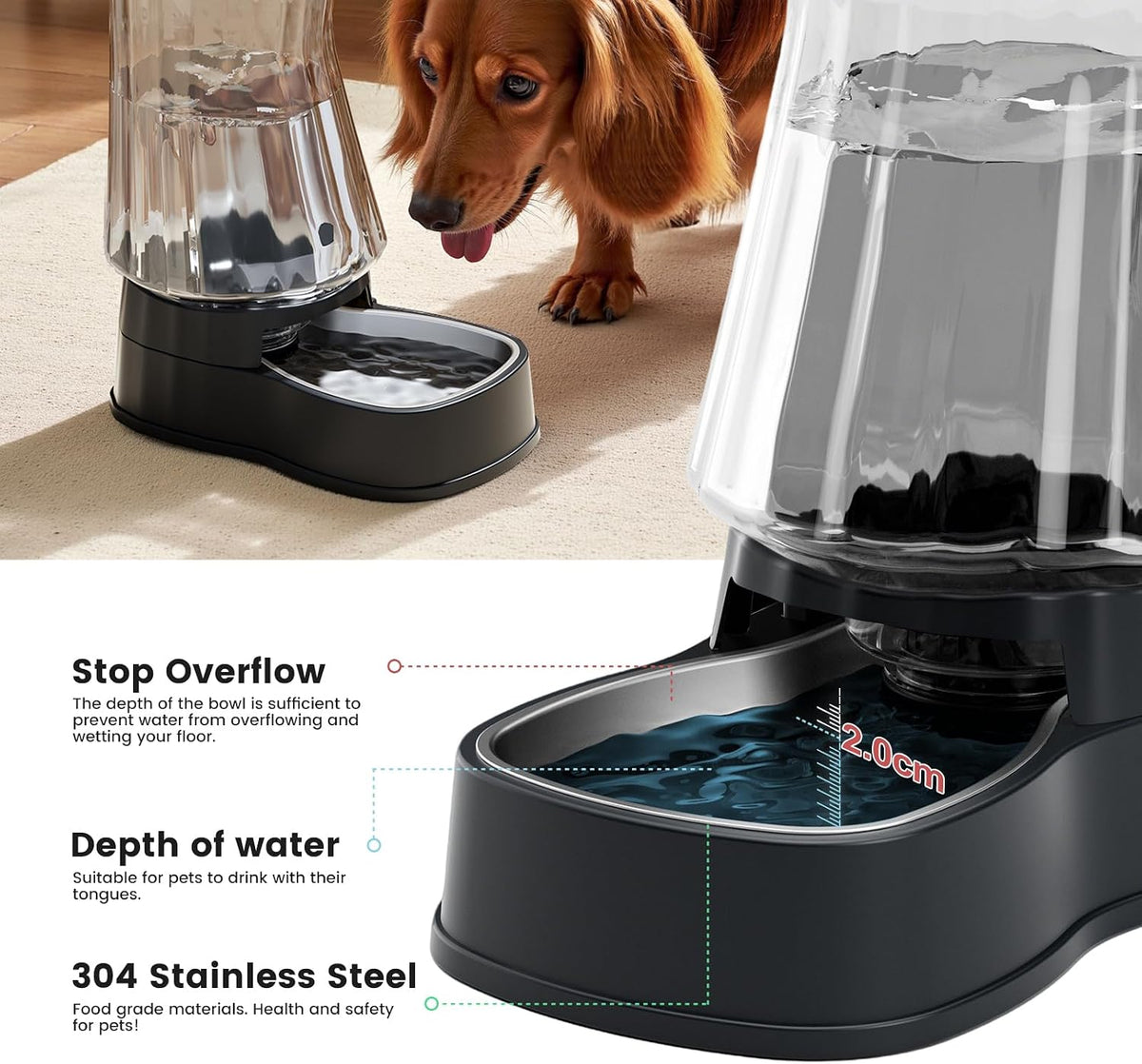 Automatic Dog Water Dispenser Gravity Stainless Steel Waterer & Food Feeder Set, 100% BPA Free Large Capacity Feeding Bowls for Medium & Large-Sized Dogs Cats Other Pets -(1 Gallon x2)