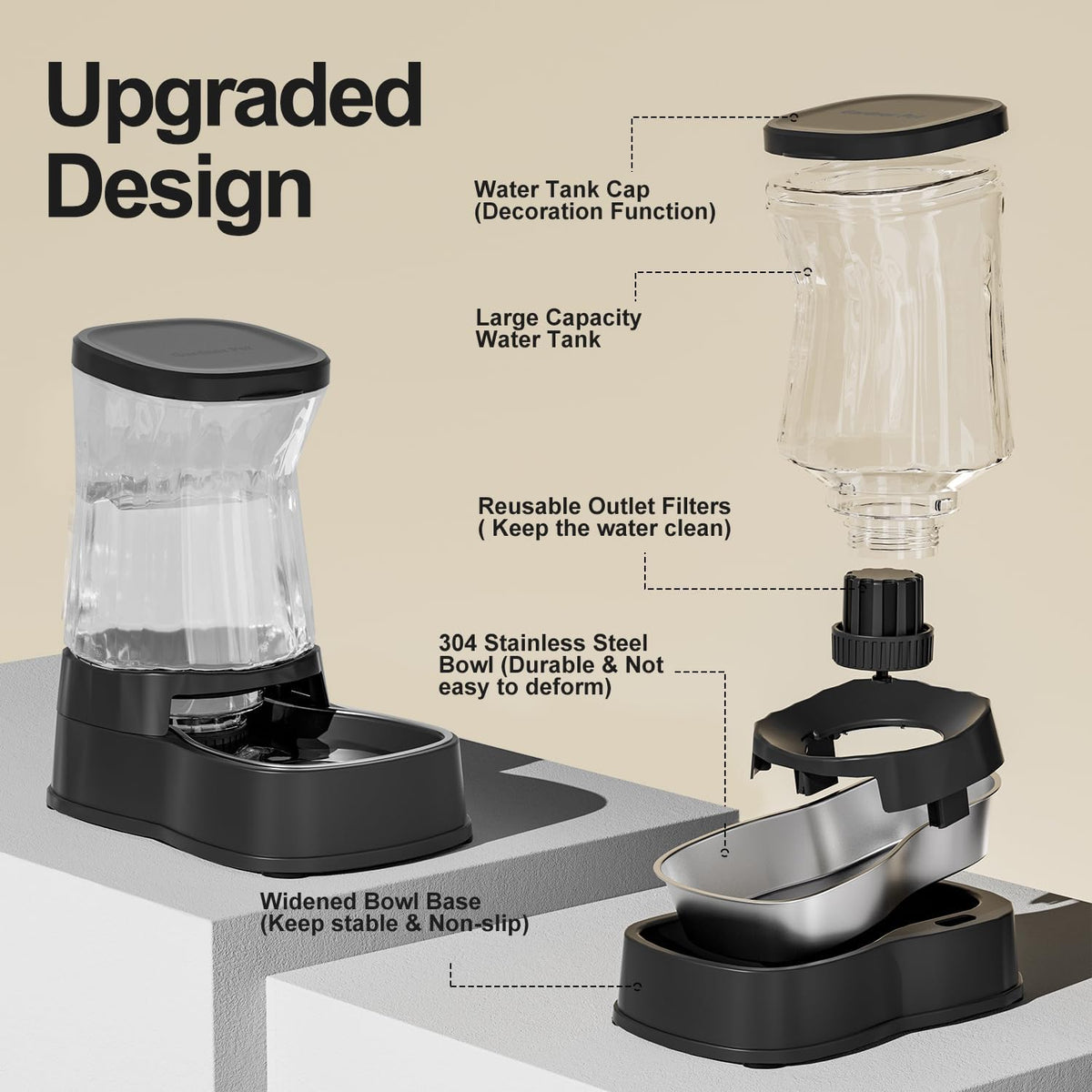 Automatic Dog Water Dispenser Gravity Stainless Steel Waterer & Food Feeder Set, 100% BPA Free Large Capacity Feeding Bowls for Medium & Large-Sized Dogs Cats Other Pets -(1 Gallon x2)