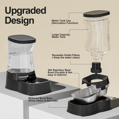 Automatic Dog Water Dispenser Gravity Stainless Steel Waterer & Food Feeder Set, 100% BPA Free Large Capacity Feeding Bowls for Medium & Large-Sized Dogs Cats Other Pets -(1 Gallon x2)