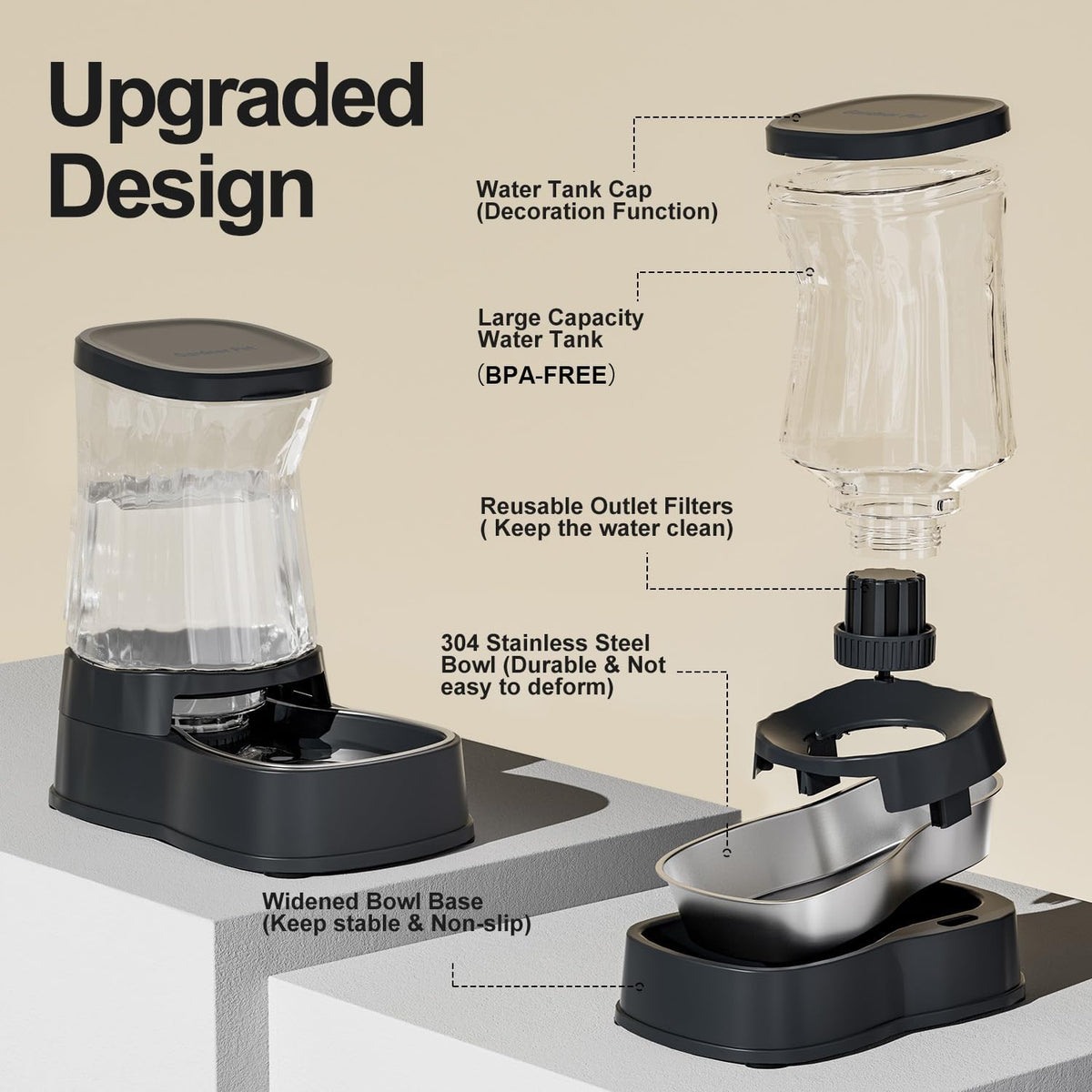 Automatic Dog Water Dispenser Gravity Stainless Steel Waterer & Food Feeder Set, 100% BPA Free Large Capacity Feeding Bowls for Medium & Large-Sized Dogs Cats Other Pets -(1 Gallon x2)