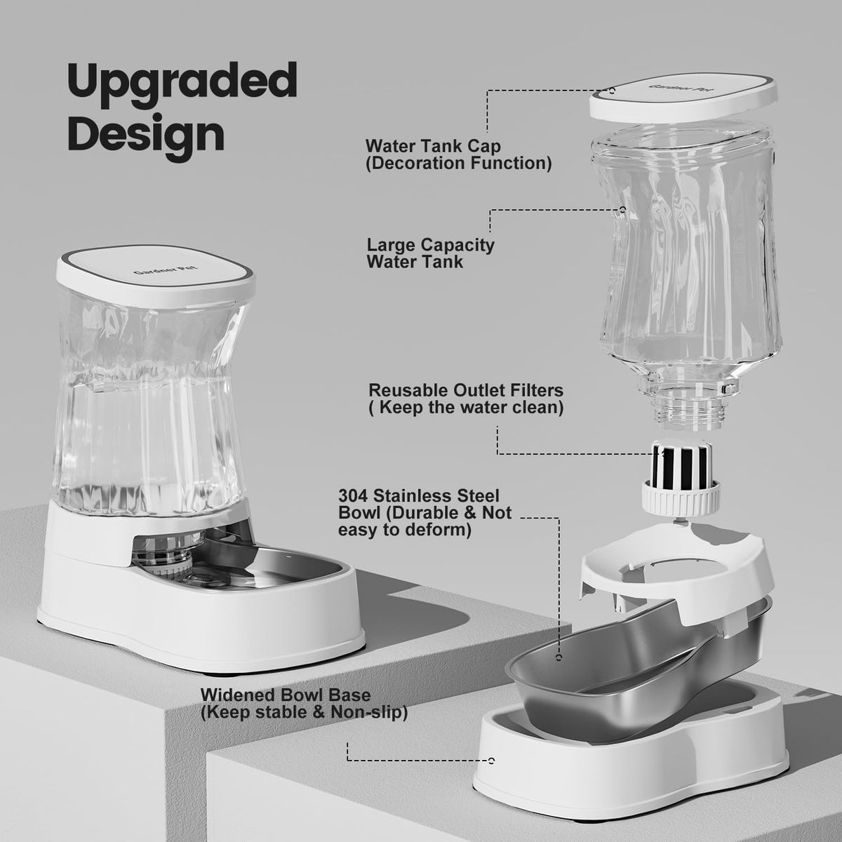 Automatic Dog Water Dispenser Gravity Stainless Steel Waterer & Food Feeder Set, 100% BPA Free Large Capacity Feeding Bowls for Medium & Large-Sized Dogs Cats Other Pets -(1 Gallon x2)