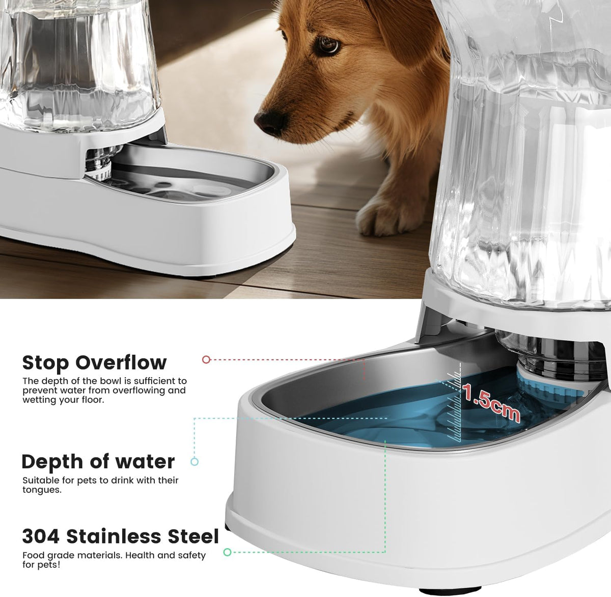 Automatic Dog Water Dispenser Gravity Stainless Steel Waterer & Food Feeder Set, 100% BPA Free Large Capacity Feeding Bowls for Medium & Large-Sized Dogs Cats Other Pets -(1 Gallon x2)