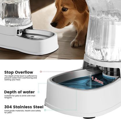 Automatic Dog Water Dispenser Gravity Stainless Steel Waterer & Food Feeder Set, 100% BPA Free Large Capacity Feeding Bowls for Medium & Large-Sized Dogs Cats Other Pets -(1 Gallon x2)