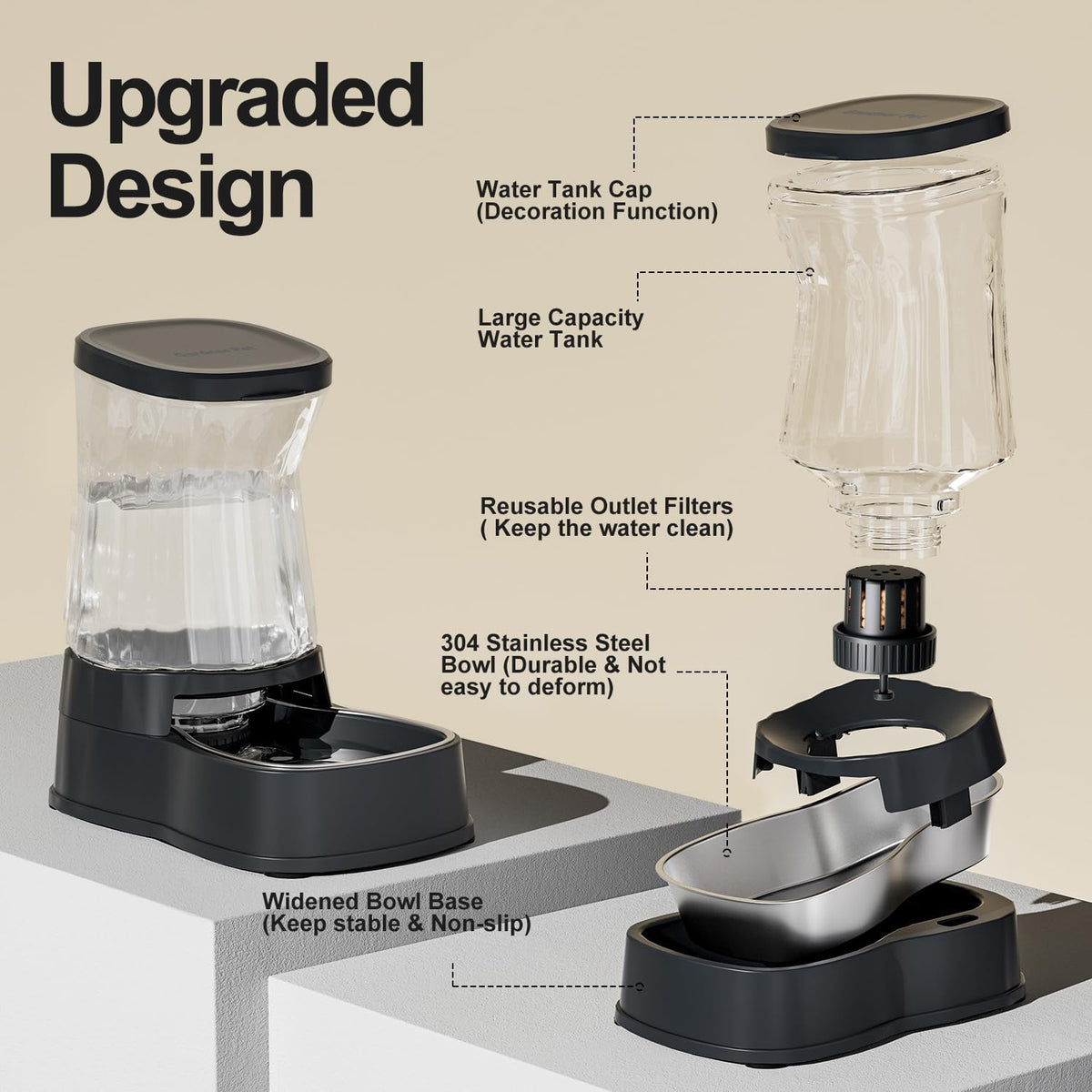 Automatic Dog Water Dispenser Gravity Stainless Steel Waterer & Food Feeder Set, 100% BPA Free Large Capacity Feeding Bowls for Medium & Large-Sized Dogs Cats Other Pets -(1 Gallon x2)