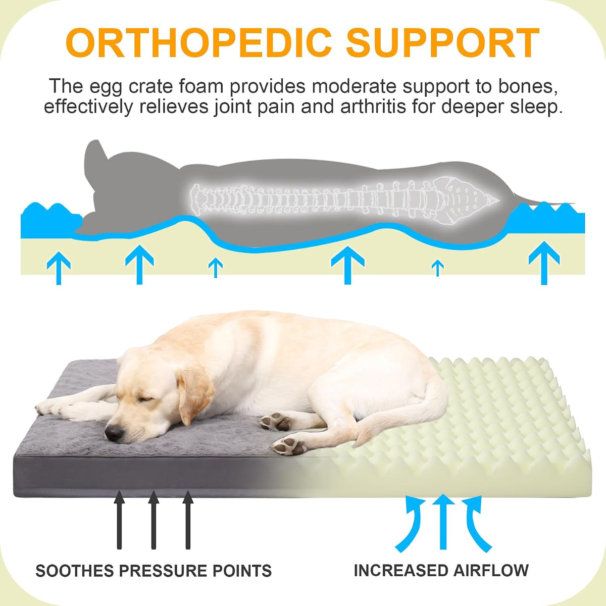 KSIIA Orthopedic Dog Bed for Large Dogs with Waterproof Lining, Grey, 35x22 | Deluxe Soft Plush Dog Crate Bed, Washable Pet Mat with Removable Cover & Egg Crate Foam for Large Dogs Sleeping & Relaxing