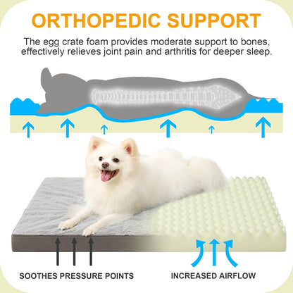 KSIIA Orthopedic Dog Bed for Large Dogs with Waterproof Lining, Grey, 35x22 | Deluxe Soft Plush Dog Crate Bed, Washable Pet Mat with Removable Cover & Egg Crate Foam for Large Dogs Sleeping & Relaxing
