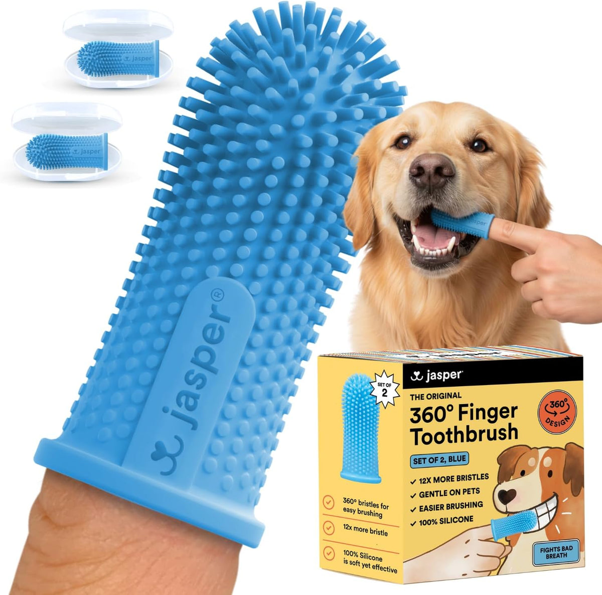Jasper Dog Toothbrush, 360° Finger Toothbrush for Dogs & Cats, Blue | 12x More Bristles, Teeth Cleaning Kit for Small & Large Pets, Toothpaste Not Included, Fights Bad Breath, Extra Soft Silicone