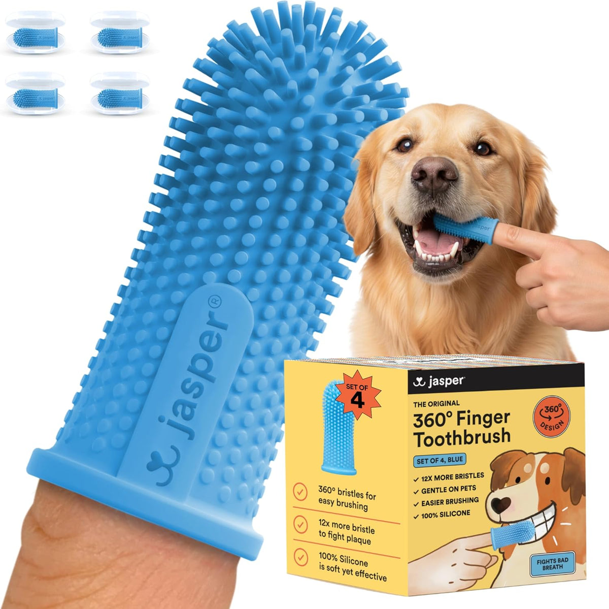Jasper Dog Toothbrush, 360° Finger Toothbrush for Dogs & Cats, Blue | 12x More Bristles, Teeth Cleaning Kit for Small & Large Pets, Toothpaste Not Included, Fights Bad Breath, Extra Soft Silicone
