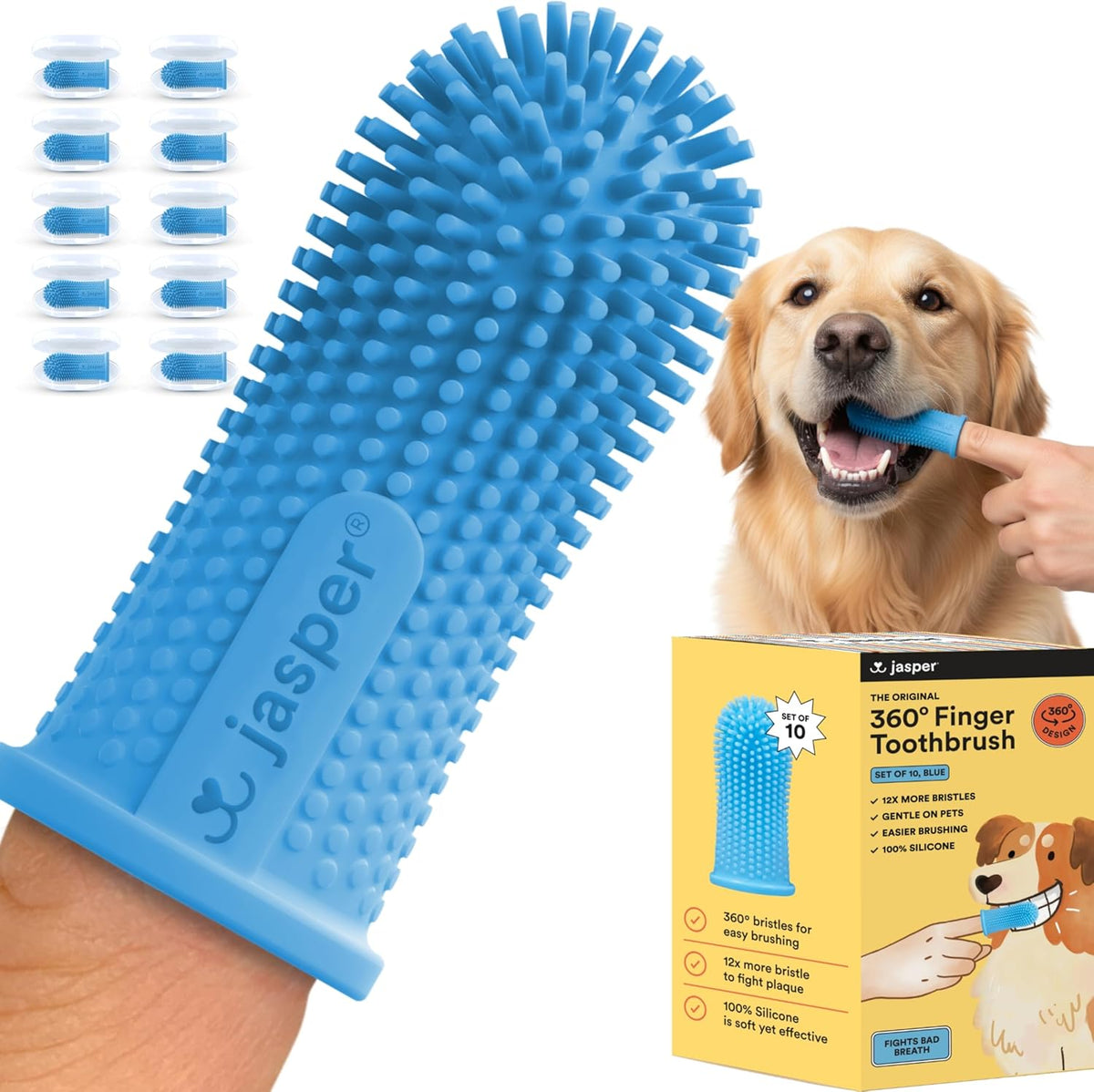 Jasper Dog Toothbrush, 360° Finger Toothbrush for Dogs & Cats, Blue | 12x More Bristles, Teeth Cleaning Kit for Small & Large Pets, Toothpaste Not Included, Fights Bad Breath, Extra Soft Silicone