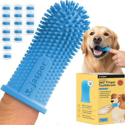 Jasper Dog Toothbrush, 360° Finger Toothbrush for Dogs & Cats, Blue | 12x More Bristles, Teeth Cleaning Kit for Small & Large Pets, Toothpaste Not Included, Fights Bad Breath, Extra Soft Silicone