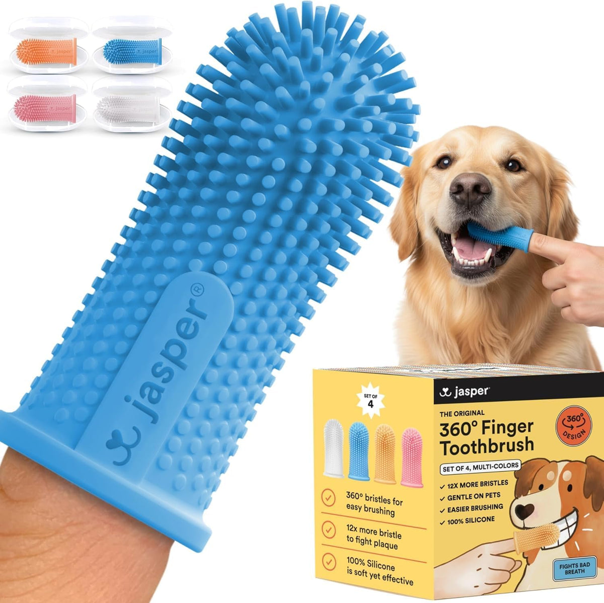 Jasper Dog Toothbrush, 360° Finger Toothbrush for Dogs & Cats, Blue | 12x More Bristles, Teeth Cleaning Kit for Small & Large Pets, Toothpaste Not Included, Fights Bad Breath, Extra Soft Silicone