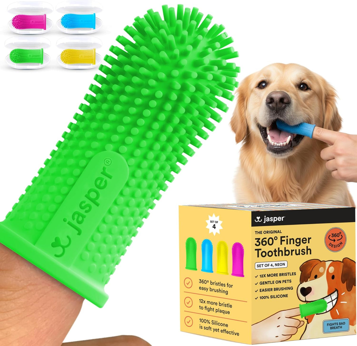 Jasper Dog Toothbrush, 360° Finger Toothbrush for Dogs & Cats, Blue | 12x More Bristles, Teeth Cleaning Kit for Small & Large Pets, Toothpaste Not Included, Fights Bad Breath, Extra Soft Silicone