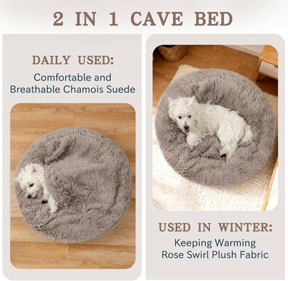 Calming Donut Dog Bed, Hooded Cave with Blanket