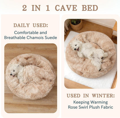 Calming Donut Dog Bed, Hooded Cave with Blanket