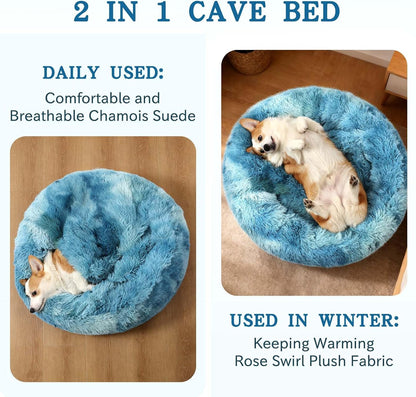 Calming Donut Dog Bed, Hooded Cave with Blanket