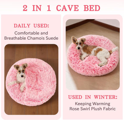 Calming Donut Dog Bed, Hooded Cave with Blanket