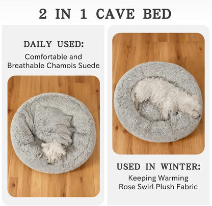 Calming Donut Dog Bed, Hooded Cave with Blanket