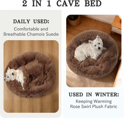 Calming Donut Dog Bed, Hooded Cave with Blanket