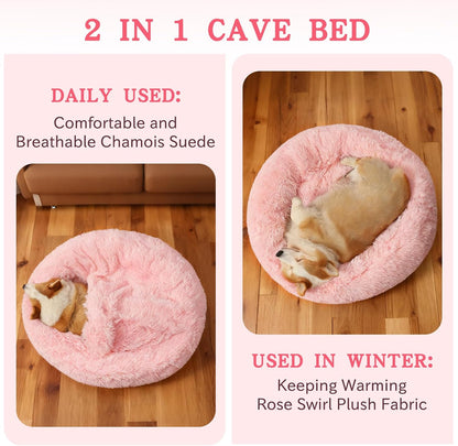 Calming Donut Dog Bed, Hooded Cave with Blanket
