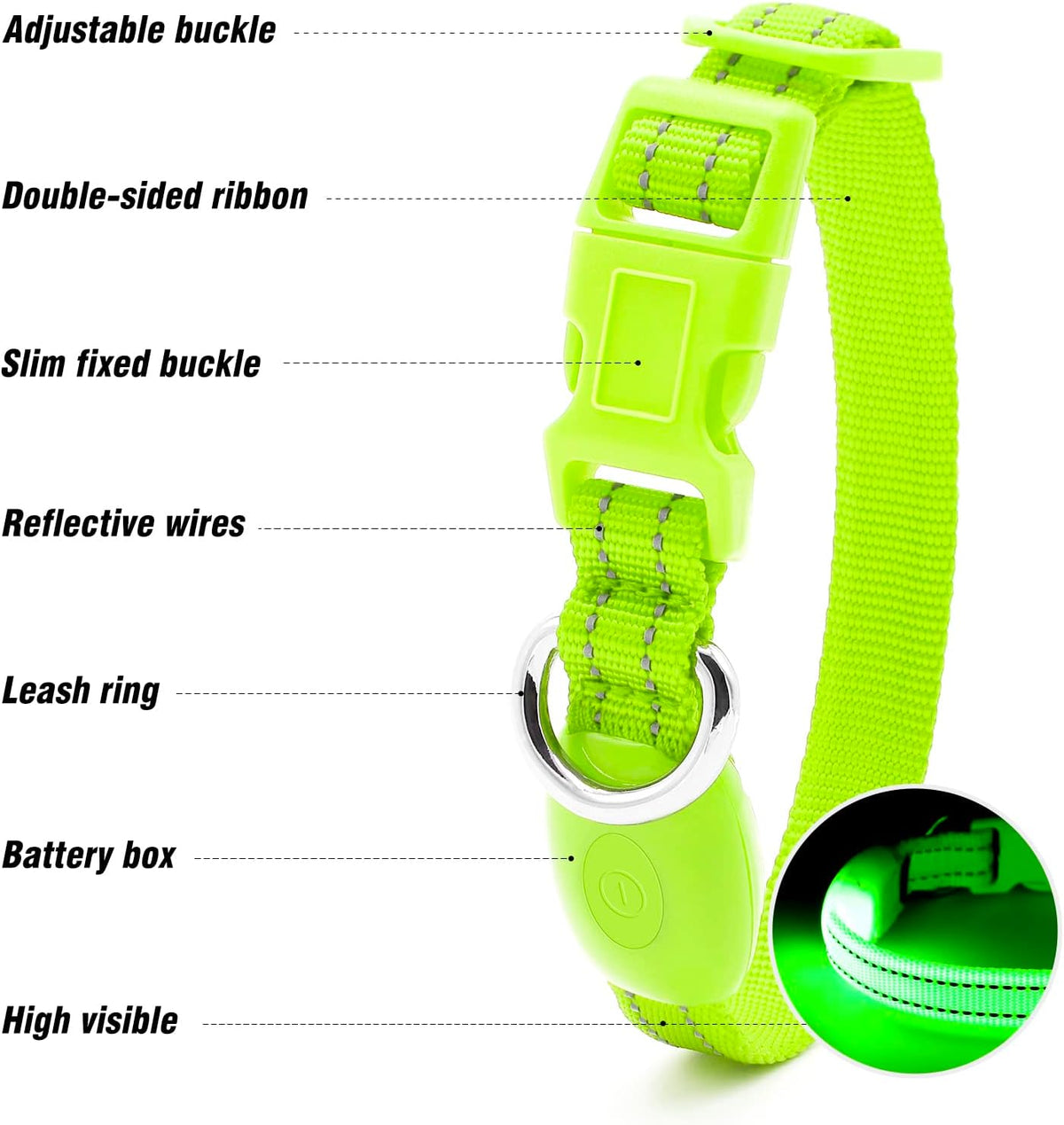 Light Up Dog Collars for Small Dogs,LED Dog Collar Light Rechargeable,Fully Adjustable Lighted Dog Collar,Glow in The Dark Dog Collars with Dog Lights for Night Walking,Green