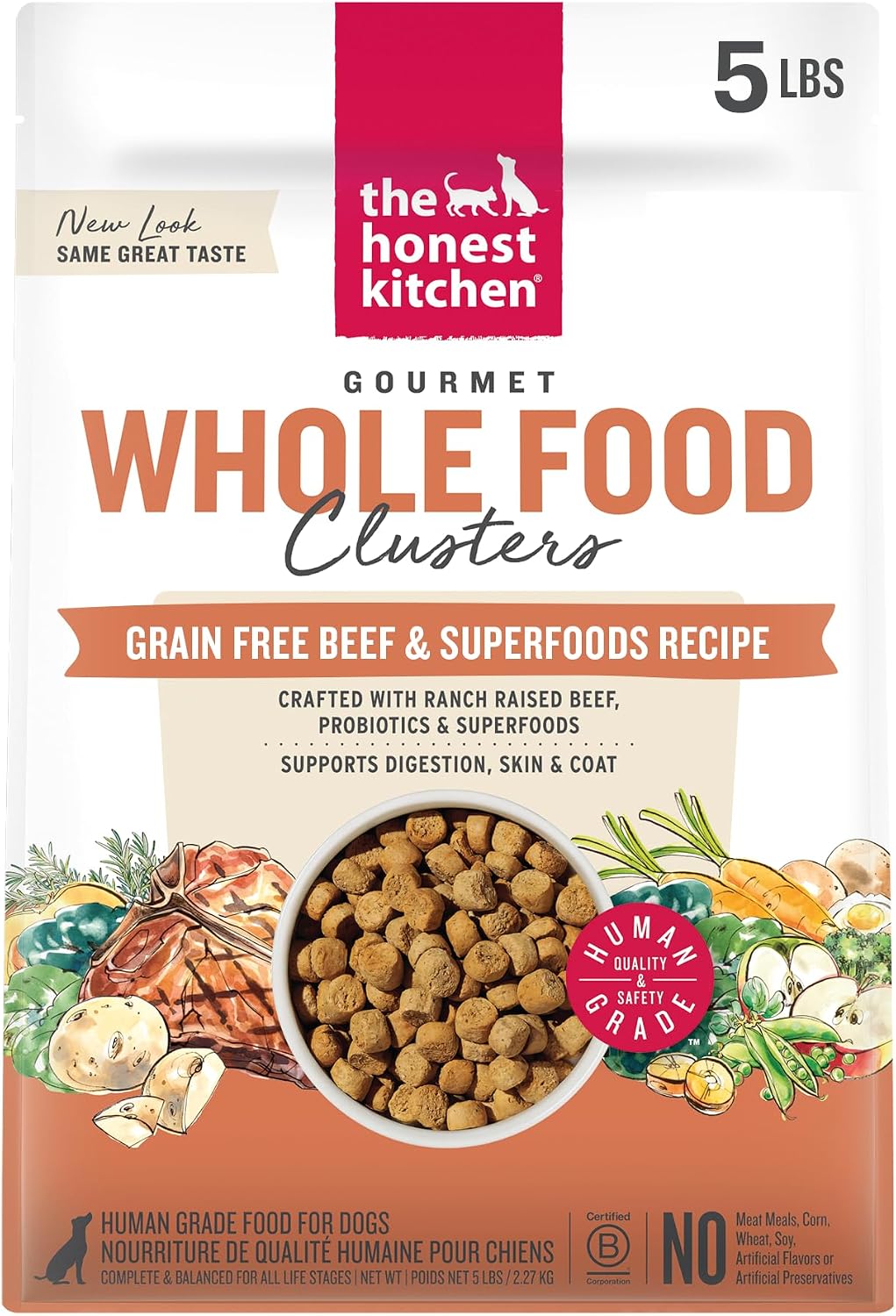 Grain Free Beef & Superfoods Whole Food Clusters, Human Grade Dry Dog Food, Vet-Crafted Nutritional Support for Skin, Coat, Digestion & Overall Wellness, 5 lb Bag
