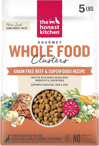 Grain Free Beef & Superfoods Whole Food Clusters, Human Grade Dry Dog Food, Vet-Crafted Nutritional Support for Skin, Coat, Digestion & Overall Wellness, 5 lb Bag