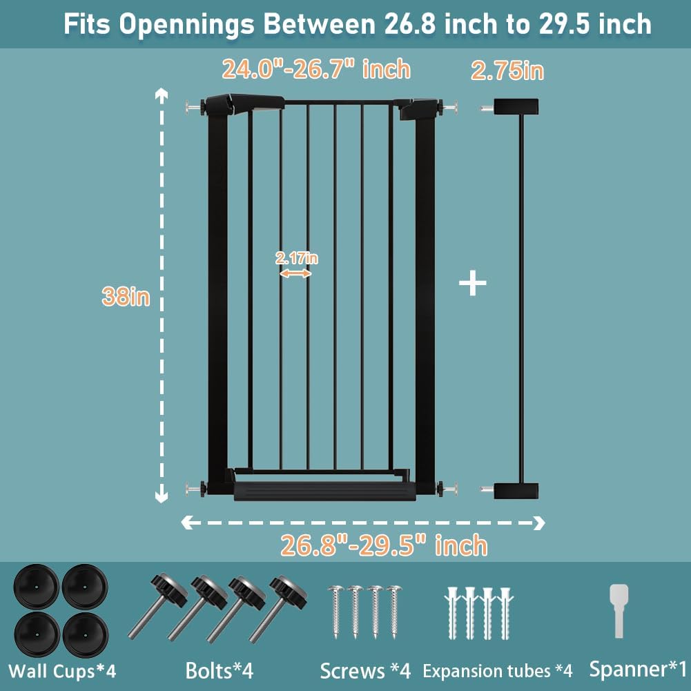 38" Extra Tall Baby Gate, 65.4"-70.8" Extra Wide Long Pet Gate for Dogs Cats Puppy, Metal Auto Close Safety Child Gate for Stairs Doorways, Pressure Mounted Gate Fence No Drill, White