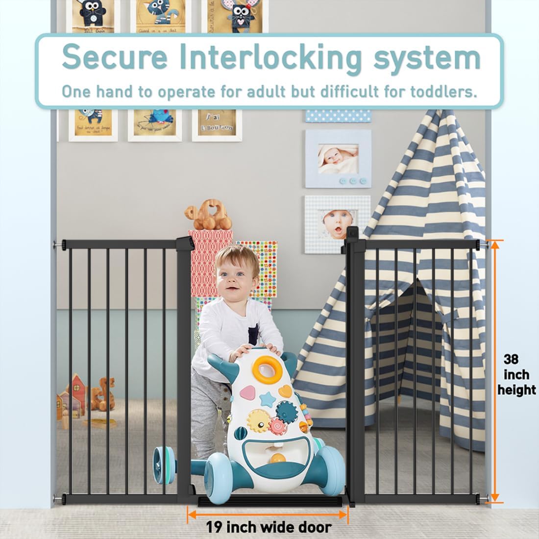 38" Extra Tall Baby Gate, 65.4"-70.8" Extra Wide Long Pet Gate for Dogs Cats Puppy, Metal Auto Close Safety Child Gate for Stairs Doorways, Pressure Mounted Gate Fence No Drill, White