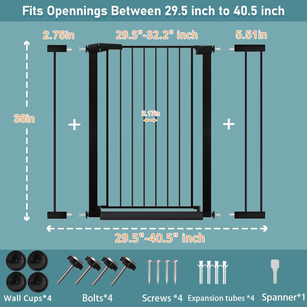 38" Extra Tall Baby Gate, 65.4"-70.8" Extra Wide Long Pet Gate for Dogs Cats Puppy, Metal Auto Close Safety Child Gate for Stairs Doorways, Pressure Mounted Gate Fence No Drill, White