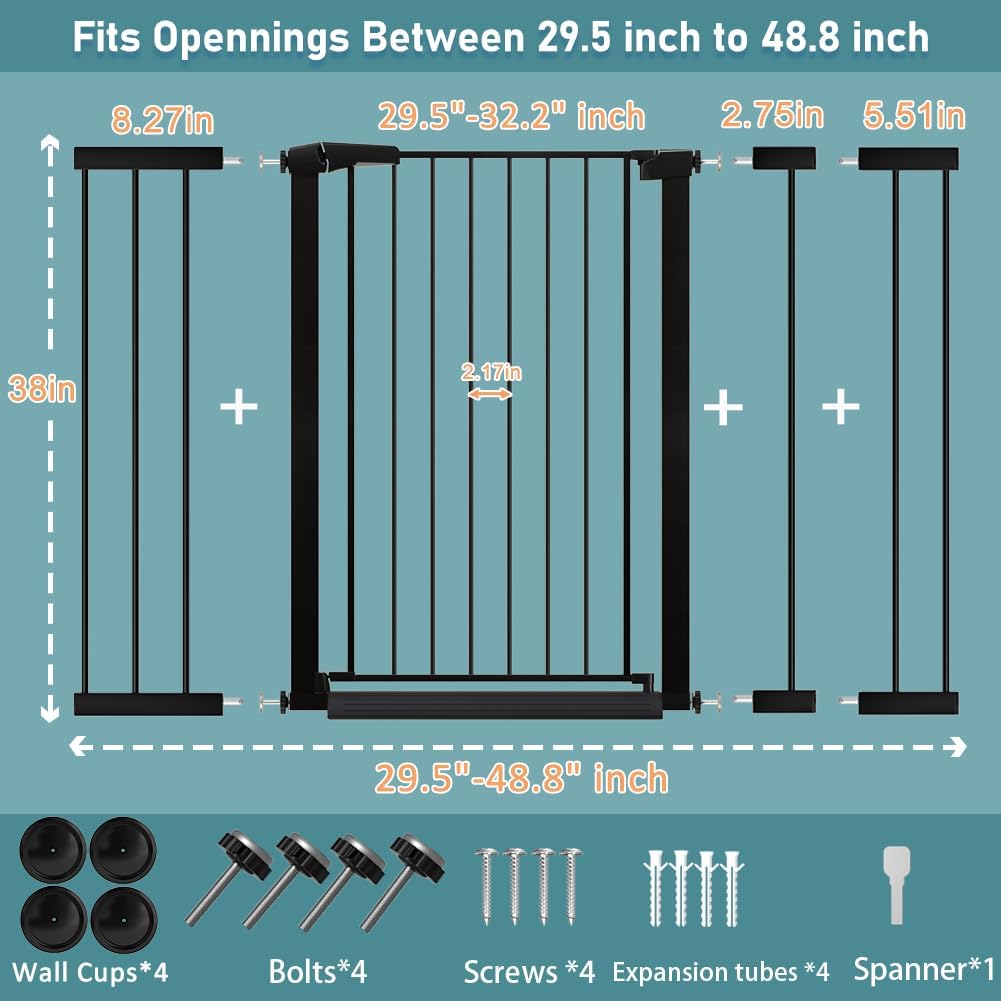 38" Extra Tall Baby Gate, 65.4"-70.8" Extra Wide Long Pet Gate for Dogs Cats Puppy, Metal Auto Close Safety Child Gate for Stairs Doorways, Pressure Mounted Gate Fence No Drill, White