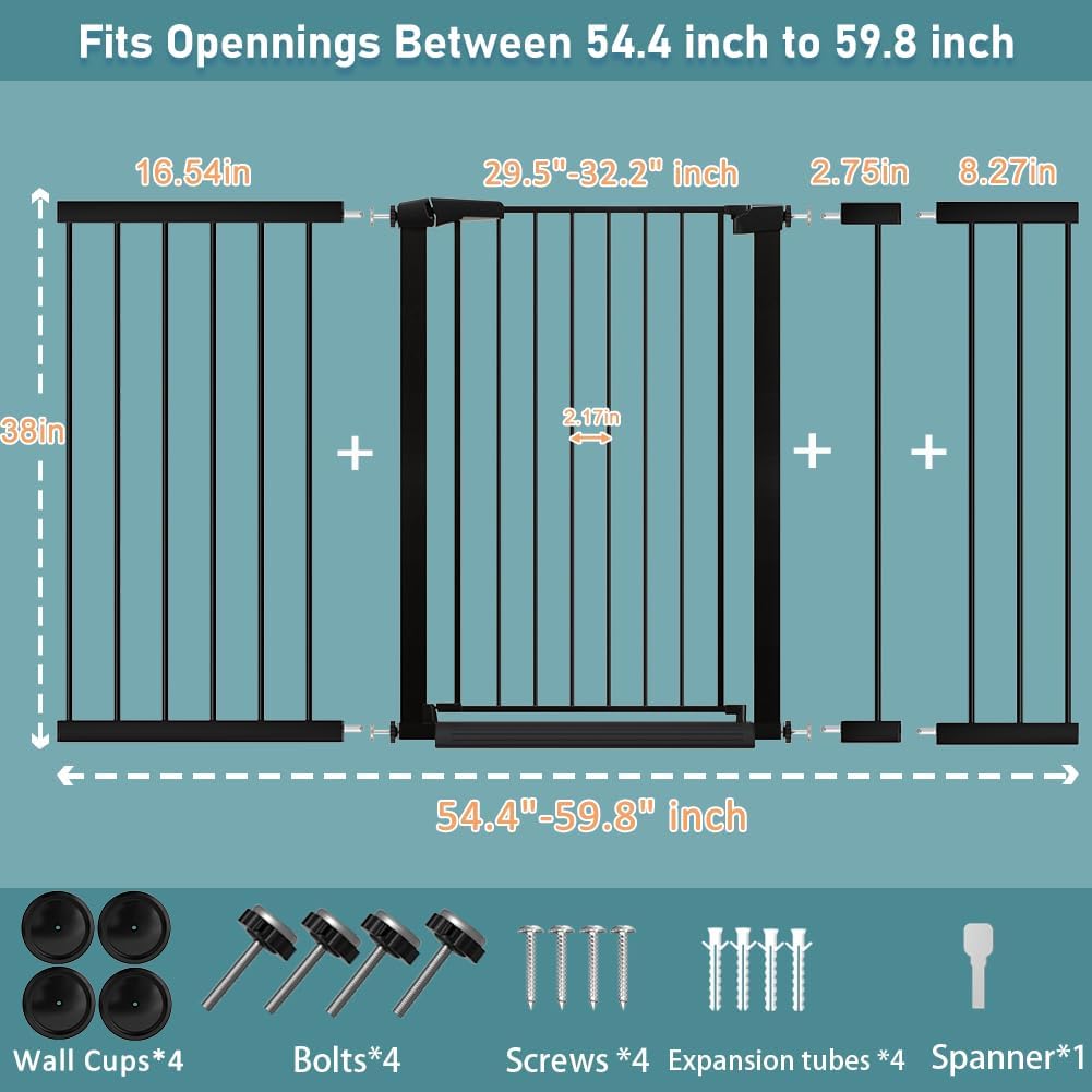 38" Extra Tall Baby Gate, 65.4"-70.8" Extra Wide Long Pet Gate for Dogs Cats Puppy, Metal Auto Close Safety Child Gate for Stairs Doorways, Pressure Mounted Gate Fence No Drill, White