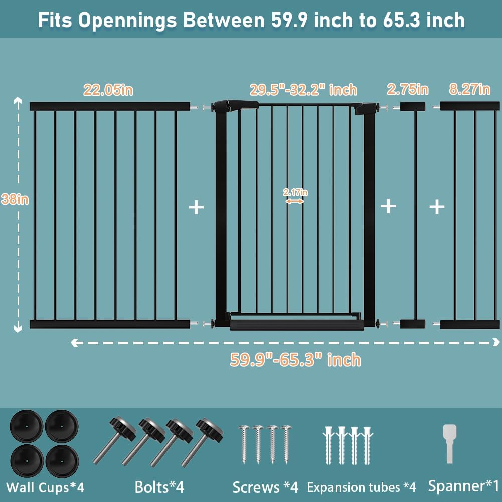 38" Extra Tall Baby Gate, 65.4"-70.8" Extra Wide Long Pet Gate for Dogs Cats Puppy, Metal Auto Close Safety Child Gate for Stairs Doorways, Pressure Mounted Gate Fence No Drill, White