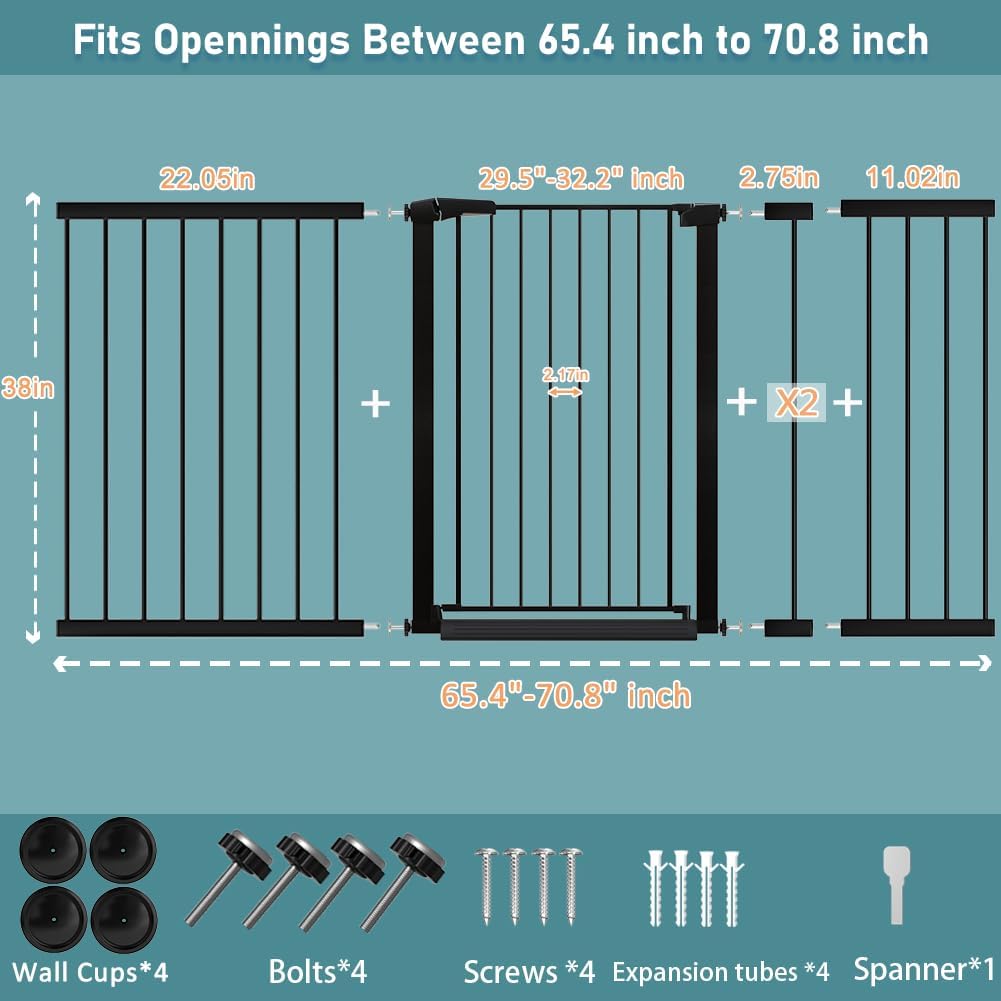 38" Extra Tall Baby Gate, 65.4"-70.8" Extra Wide Long Pet Gate for Dogs Cats Puppy, Metal Auto Close Safety Child Gate for Stairs Doorways, Pressure Mounted Gate Fence No Drill, White