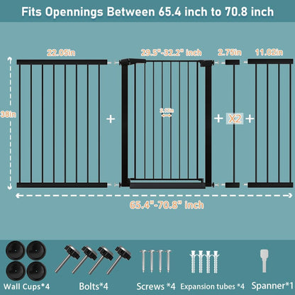 38" Extra Tall Baby Gate, 65.4"-70.8" Extra Wide Long Pet Gate for Dogs Cats Puppy, Metal Auto Close Safety Child Gate for Stairs Doorways, Pressure Mounted Gate Fence No Drill, White