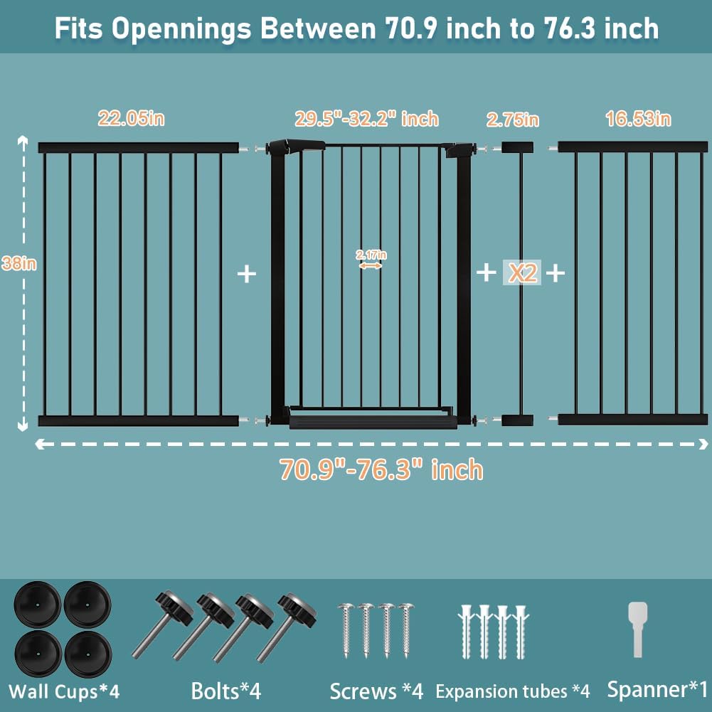38" Extra Tall Baby Gate, 65.4"-70.8" Extra Wide Long Pet Gate for Dogs Cats Puppy, Metal Auto Close Safety Child Gate for Stairs Doorways, Pressure Mounted Gate Fence No Drill, White