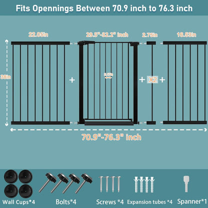38" Extra Tall Baby Gate, 65.4"-70.8" Extra Wide Long Pet Gate for Dogs Cats Puppy, Metal Auto Close Safety Child Gate for Stairs Doorways, Pressure Mounted Gate Fence No Drill, White
