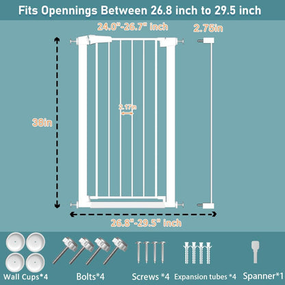 38" Extra Tall Baby Gate, 65.4"-70.8" Extra Wide Long Pet Gate for Dogs Cats Puppy, Metal Auto Close Safety Child Gate for Stairs Doorways, Pressure Mounted Gate Fence No Drill, White
