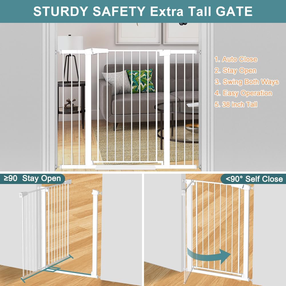 38" Extra Tall Baby Gate, 65.4"-70.8" Extra Wide Long Pet Gate for Dogs Cats Puppy, Metal Auto Close Safety Child Gate for Stairs Doorways, Pressure Mounted Gate Fence No Drill, White