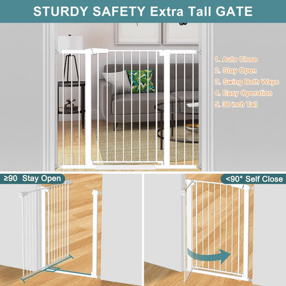 38" Extra Tall Baby Gate, 65.4"-70.8" Extra Wide Long Pet Gate for Dogs Cats Puppy, Metal Auto Close Safety Child Gate for Stairs Doorways, Pressure Mounted Gate Fence No Drill, White