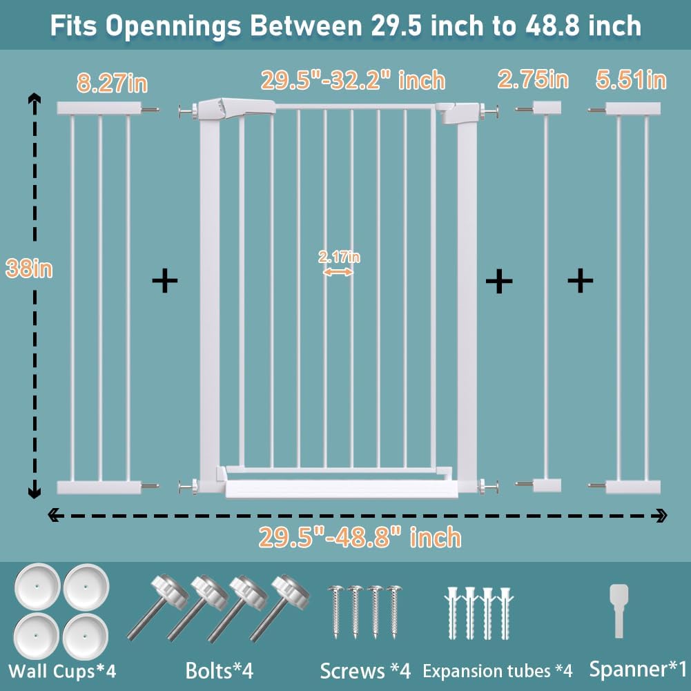 38" Extra Tall Baby Gate, 65.4"-70.8" Extra Wide Long Pet Gate for Dogs Cats Puppy, Metal Auto Close Safety Child Gate for Stairs Doorways, Pressure Mounted Gate Fence No Drill, White