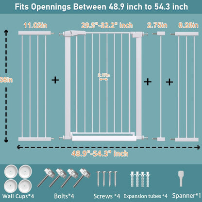 38" Extra Tall Baby Gate, 65.4"-70.8" Extra Wide Long Pet Gate for Dogs Cats Puppy, Metal Auto Close Safety Child Gate for Stairs Doorways, Pressure Mounted Gate Fence No Drill, White