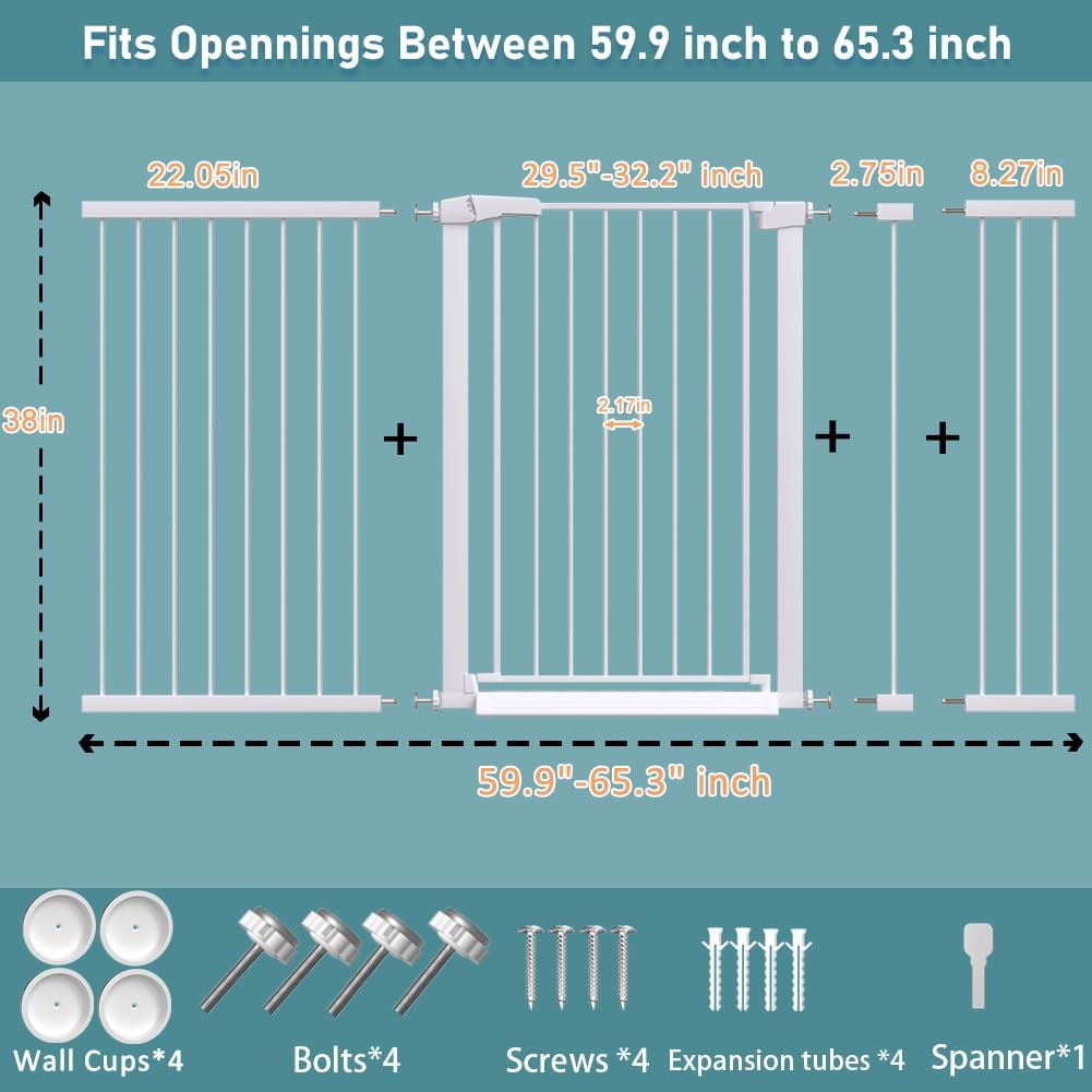 38" Extra Tall Baby Gate, 65.4"-70.8" Extra Wide Long Pet Gate for Dogs Cats Puppy, Metal Auto Close Safety Child Gate for Stairs Doorways, Pressure Mounted Gate Fence No Drill, White