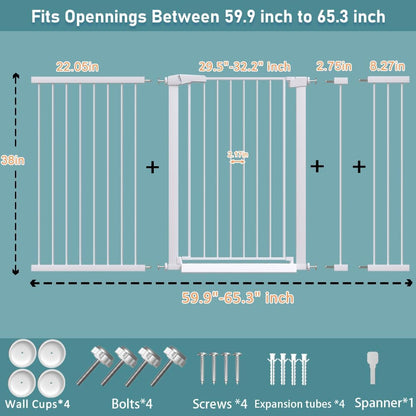 38" Extra Tall Baby Gate, 65.4"-70.8" Extra Wide Long Pet Gate for Dogs Cats Puppy, Metal Auto Close Safety Child Gate for Stairs Doorways, Pressure Mounted Gate Fence No Drill, White