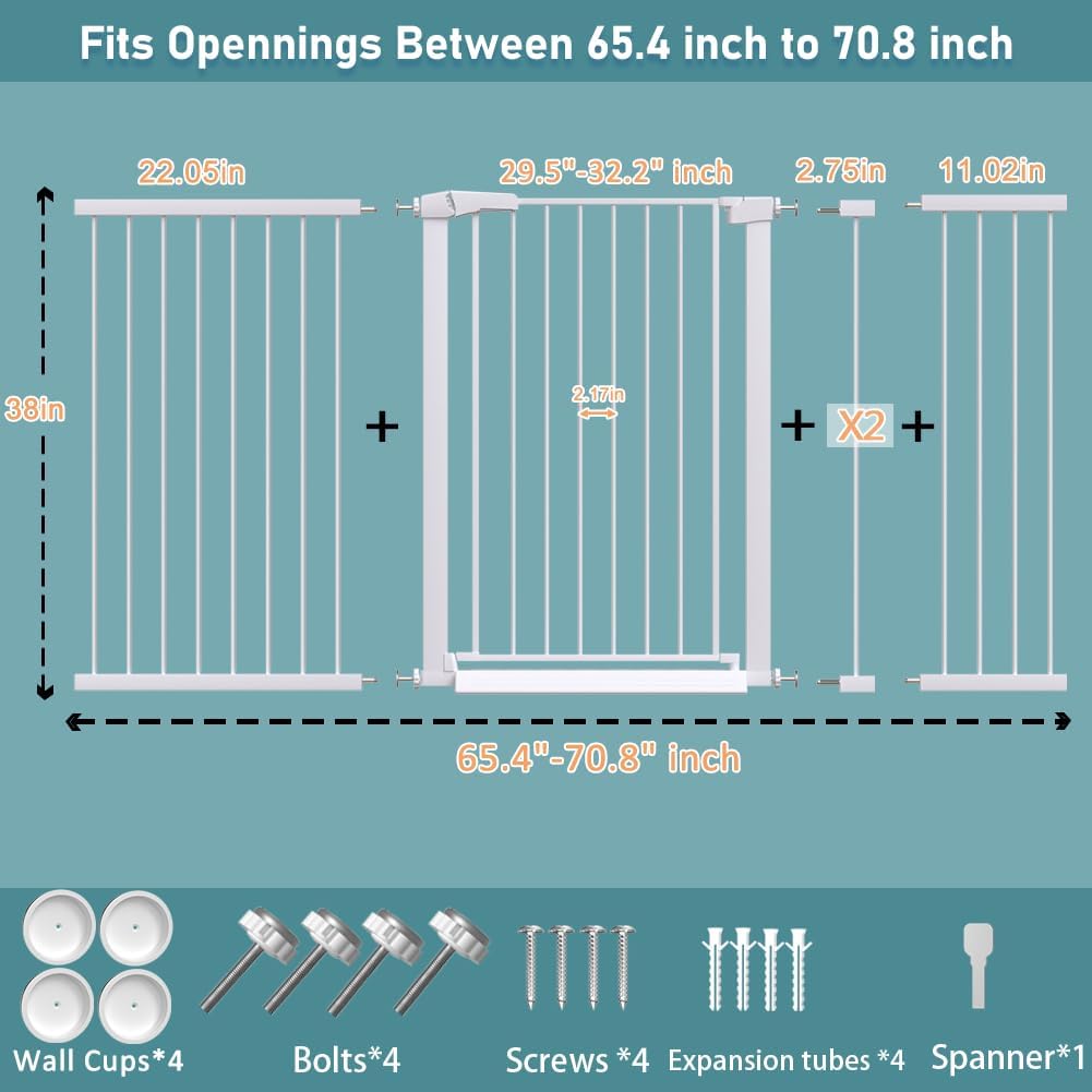 38" Extra Tall Baby Gate, 65.4"-70.8" Extra Wide Long Pet Gate for Dogs Cats Puppy, Metal Auto Close Safety Child Gate for Stairs Doorways, Pressure Mounted Gate Fence No Drill, White